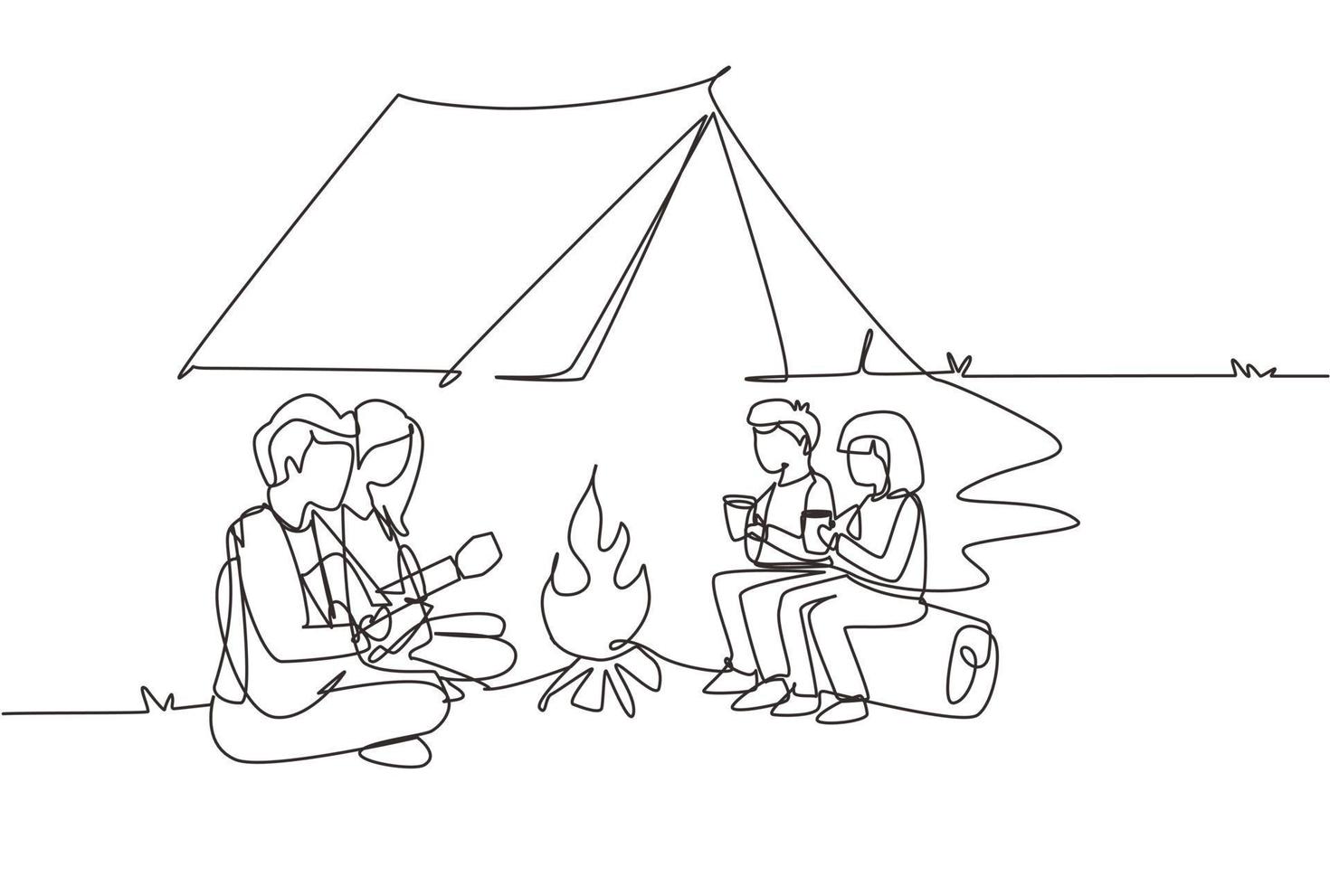 continue één lijntekening toeristische familie camping met kampvuur en hete thee drinken. kinderen zitten op boomstammen. vader gitaar spelen en op de grond zitten met moeder. enkele lijn tekenen ontwerp vectorillustratie vector