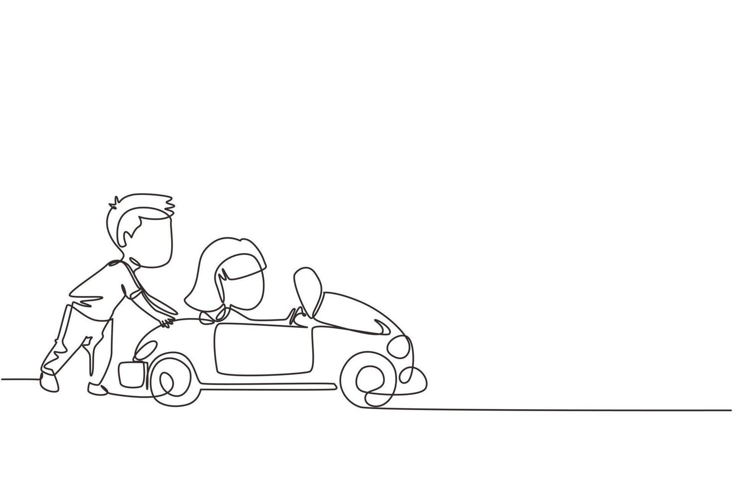 continue een lijntekening een jongen duwt de auto van zijn vriend op de weg. jongen en meisje spelen samen met grote speelgoedauto. kinderen met plezier in de achtertuin. enkele lijn ontwerp vector grafische afbeelding