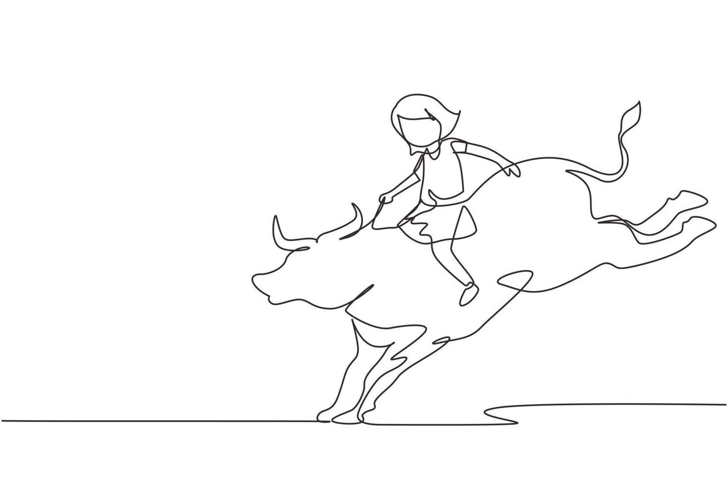 continu één lijntekening gelukkig schattig kind meisje stier rijden. kind zittend op de rug stier met zadel in cowboy ranch. kinderen leren stier te rijden. enkele lijn tekenen ontwerp vector grafische afbeelding