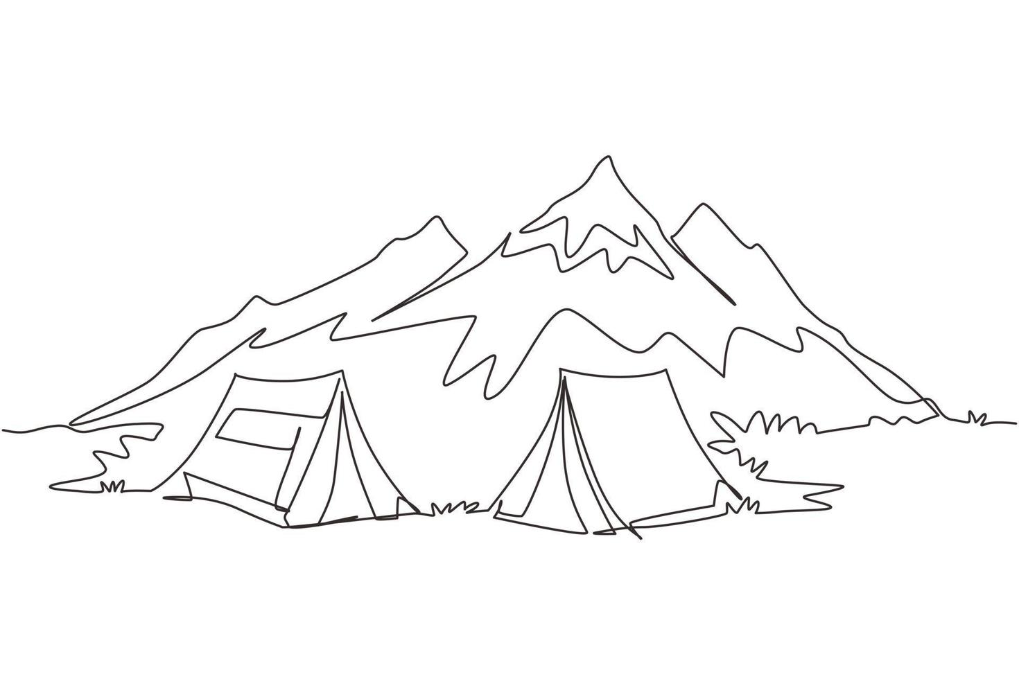 continu één lijntekening van twee tenten in een avontuurlijk nachtelijk kampeerlandschap. tent camper toeristische bos berg expeditie. reis- en vakantieconcept. enkele lijn tekenen ontwerp vectorillustratie vector