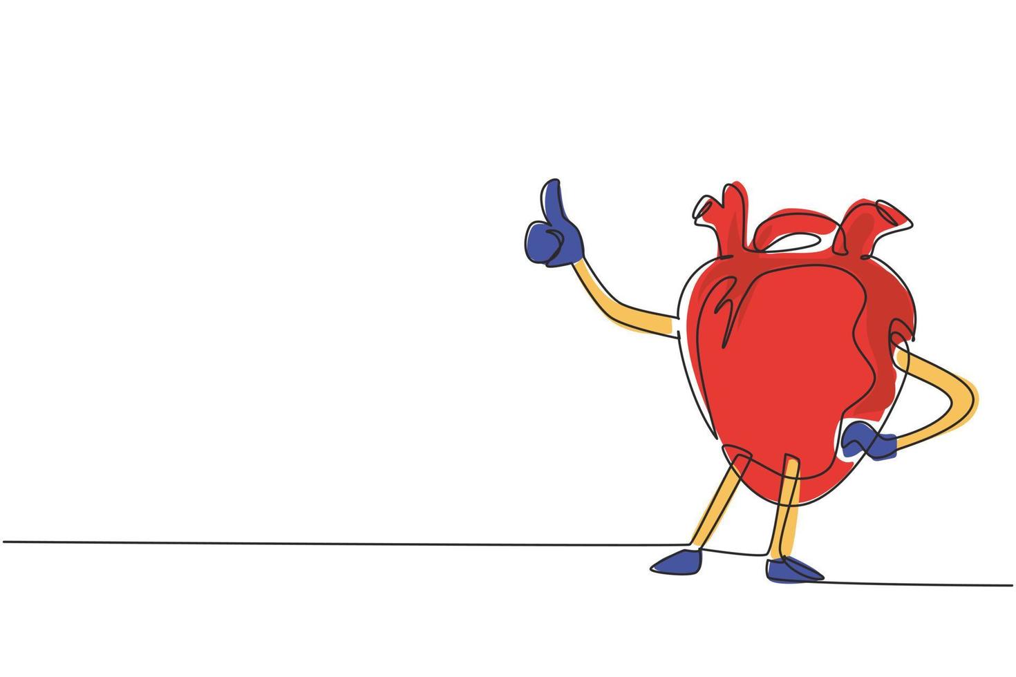 enkele lijntekening gezond en fit hart met sterke spieren met duim omhoog gebaar. gezondheid van het cardiovasculaire systeem. kracht en kracht van het hartorgaan. ononderbroken lijntekening ontwerp grafische vector