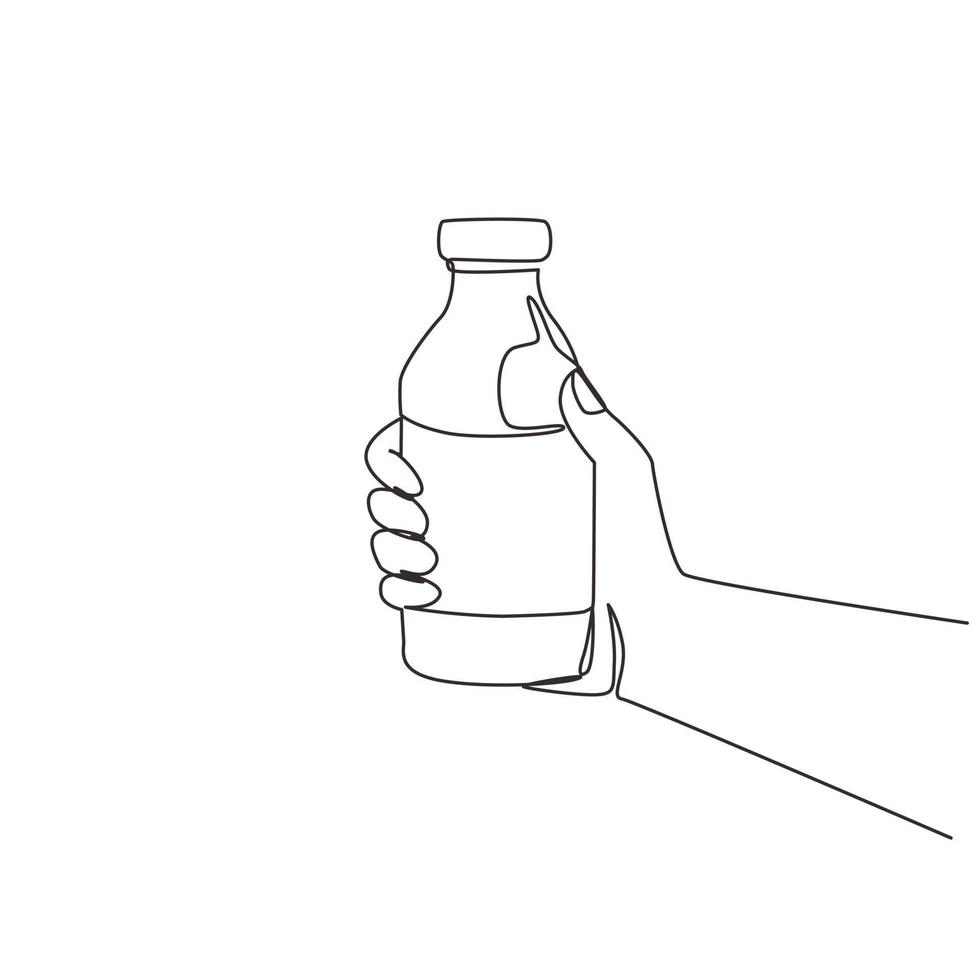 enkele één lijntekening hand met verse melk op fles glas verpakking gezond drank product. verse melk voor gezonde voeding. moderne doorlopende lijn tekenen ontwerp grafische vectorillustratie vector