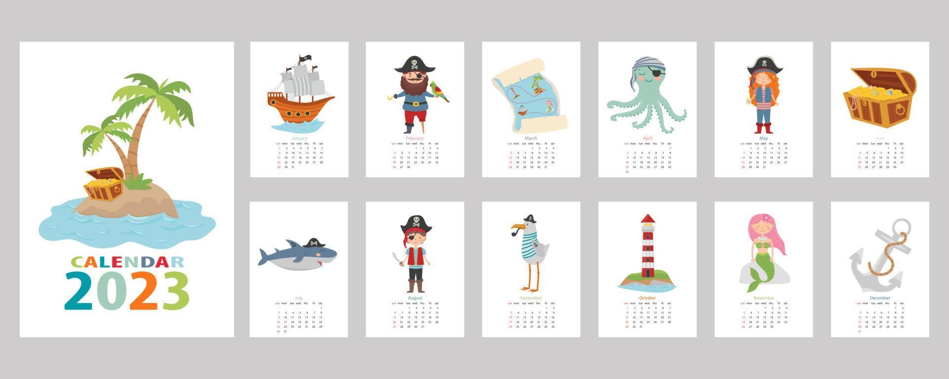 kalender 2023. kleurrijke kinderkalender met piratendesign. piraat, schateiland, haai, octopus, zeemeeuw, zeemeermin, schip en vuurtoren. vector