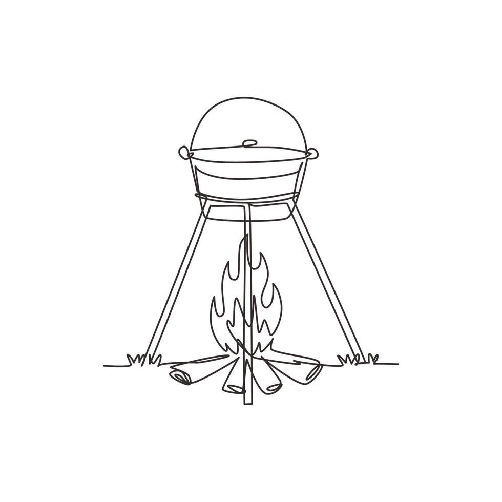 één lijntekening kookdiner in kampeerpot boven vreugdevuur. ketel en kampvuur. buiten gras, tak, stenen. outdoor natuur picknick. doorlopende lijn tekenen ontwerp grafische vectorillustratie vector