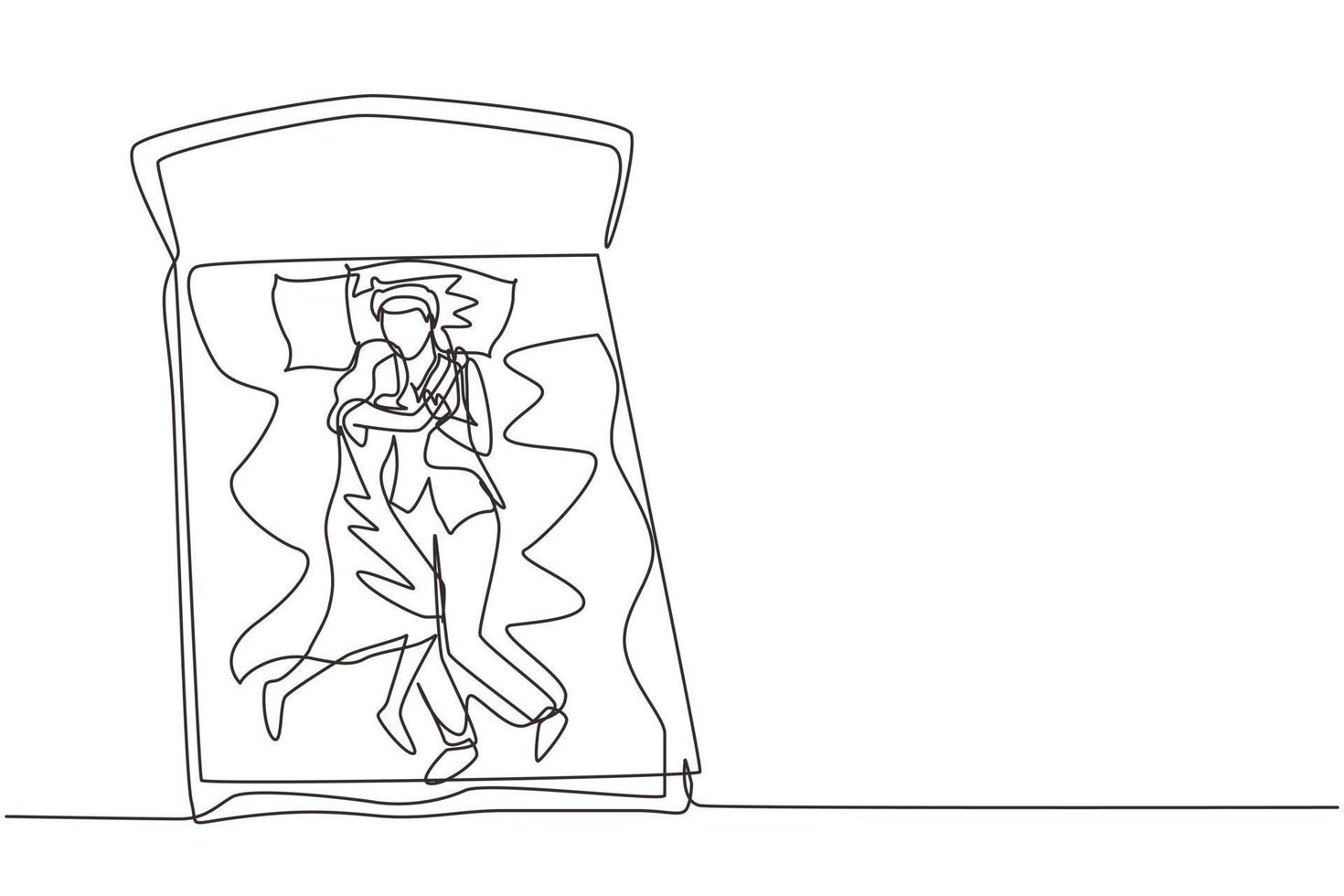 continu één lijntekening mannelijk en vrouwelijk paar dat liefdevol omhelst in bed, mannen en vrouwen slapen op bed terwijl ze liefdevol knuffelen, slapende pose van minnaar. enkele lijn tekenen ontwerp vectorafbeelding vector