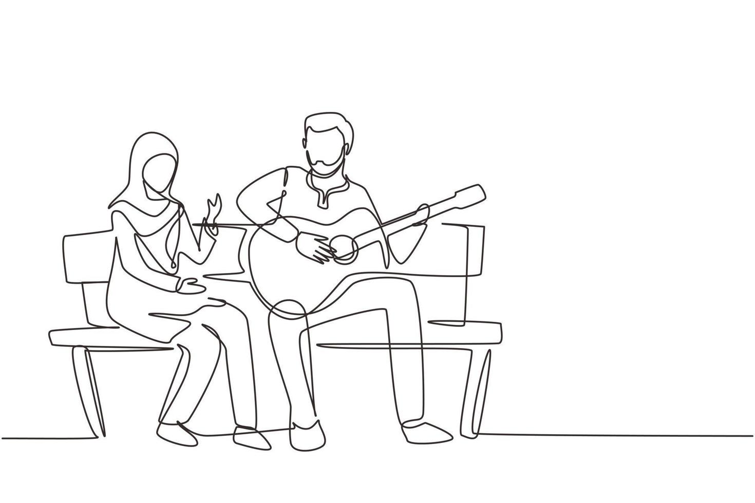 enkele doorlopende lijntekening arabische mensen zittend op een houten bankje in het park. paar op date, man speelt muziek op gitaar, meisje luistert en zingt samen. een lijn tekenen grafische vectorillustratie vector