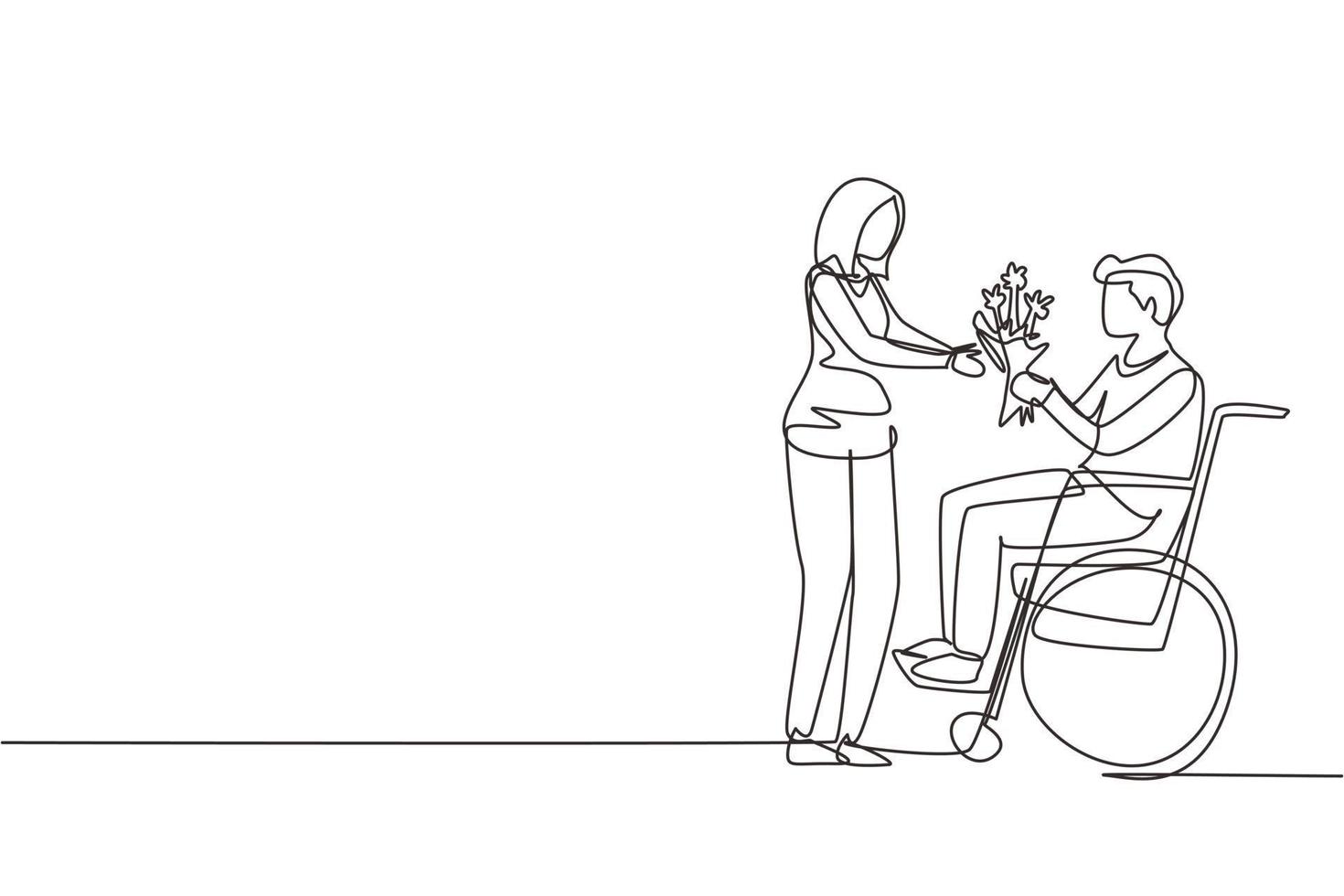 enkele doorlopende lijntekening vrouw en gehandicapte man in rolstoel. mannetje geeft een boeket bloemen aan vrouwtje. morele steun van het gezin. revalidatie van een handicap. één lijn tekenen ontwerp vectorillustratie vector