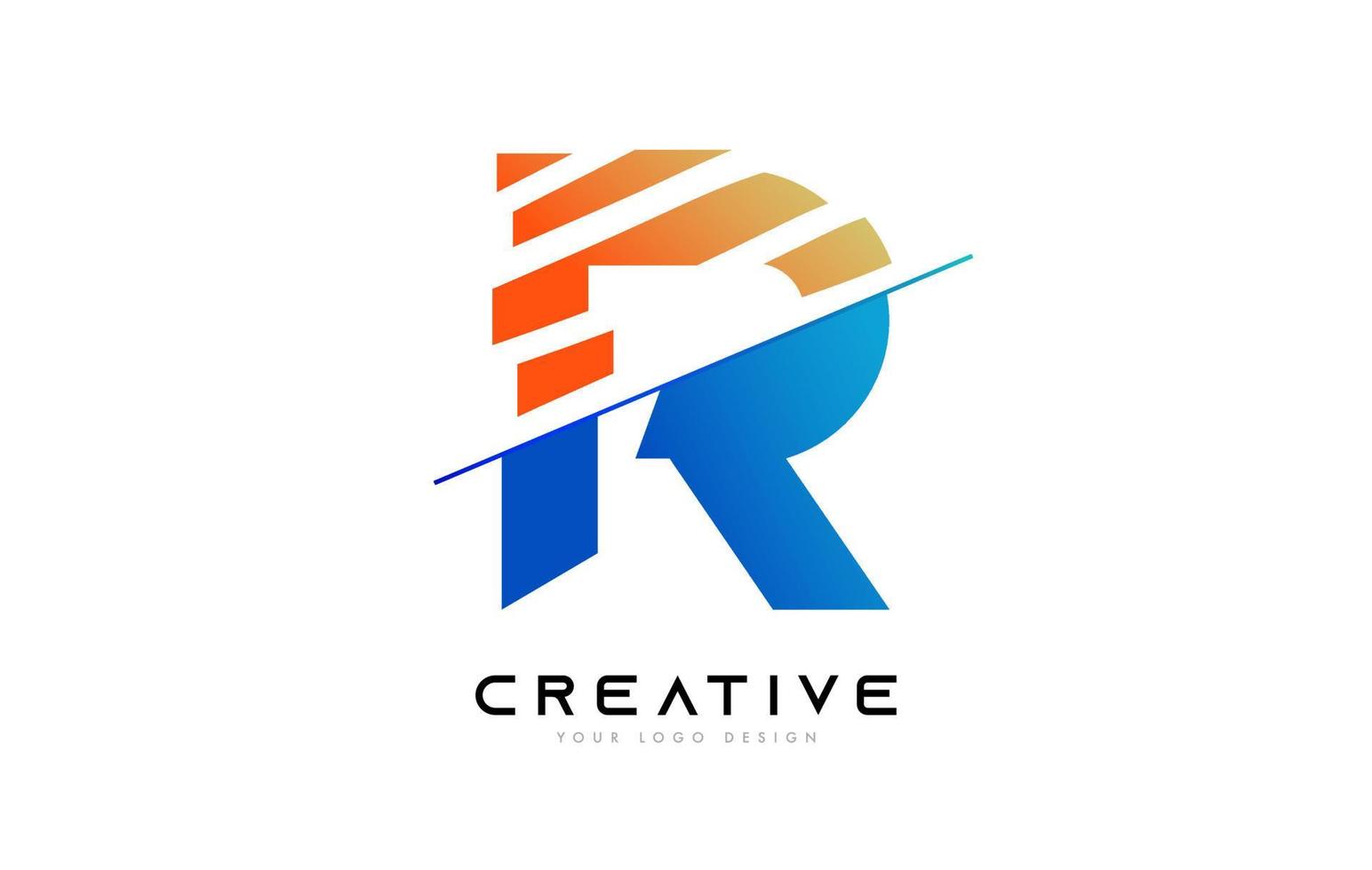 gesneden letter r logo pictogram ontwerp met blauwe en oranje kleuren en gesneden plakjes vector