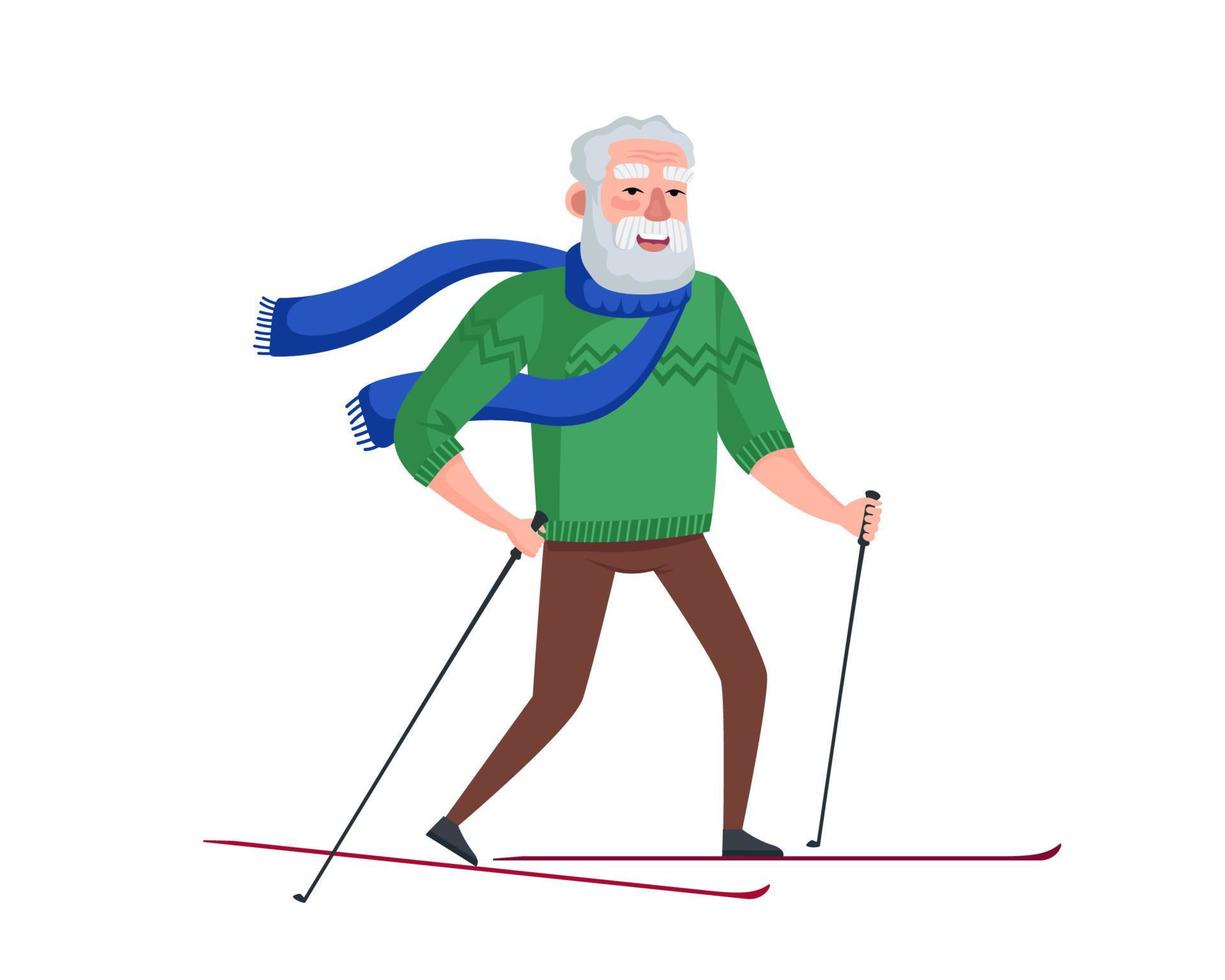 oudere man skiën. oudere man op ski's winteractiviteit. oude opa gezonde levensstijl. gepensioneerde opa sport bewegen. vrolijke senior gepensioneerde vrije tijd. actieve pret grootvader vector eps illustratie