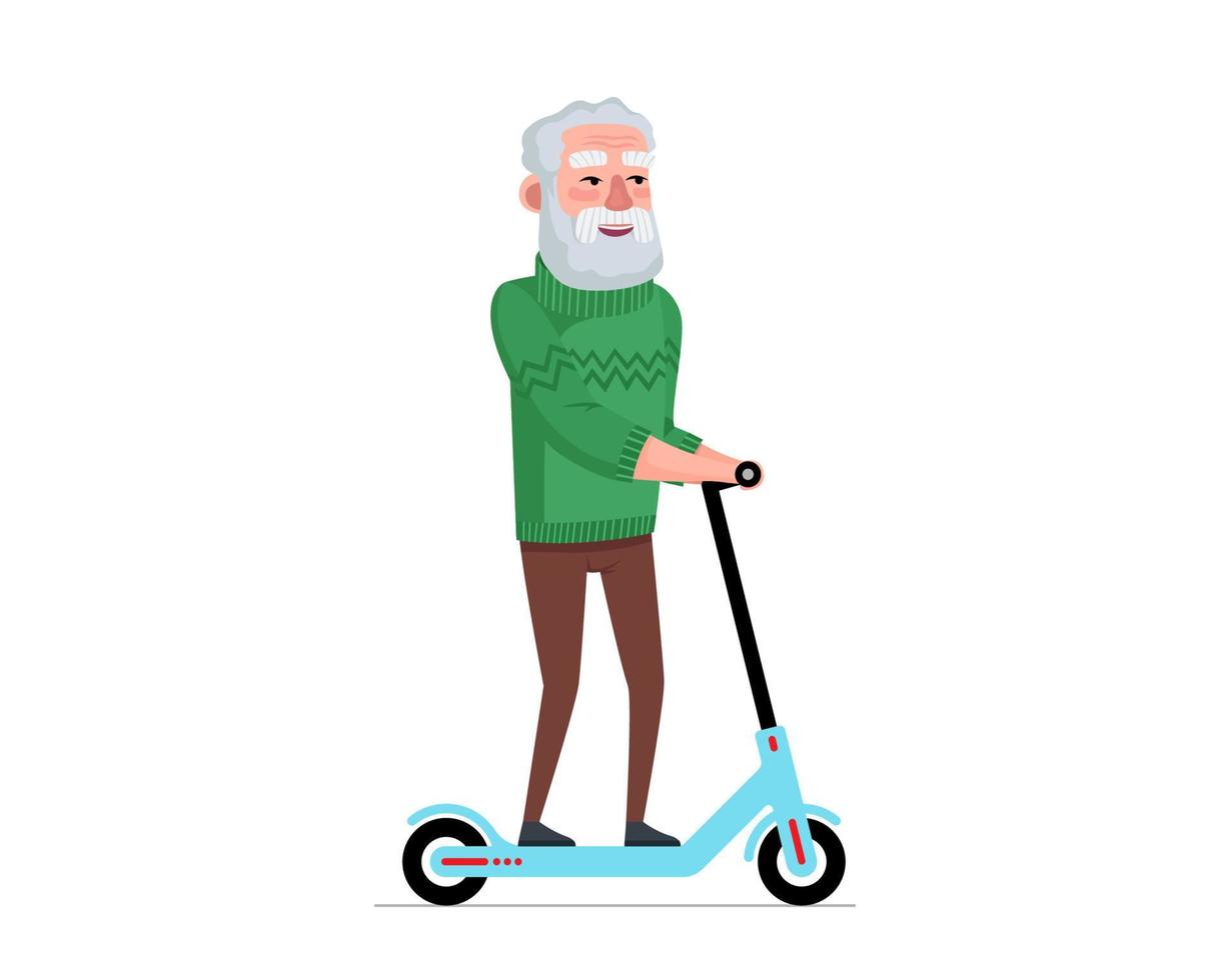 oudere man plezier en rijden elektrische kick scooter. oudere mannelijke rit op eco-transport. oude opa gezonde levensstijl. gepensioneerde opa gaat verhuizen. vrolijke senior gepensioneerde vrije tijd. actieve grootvader vector