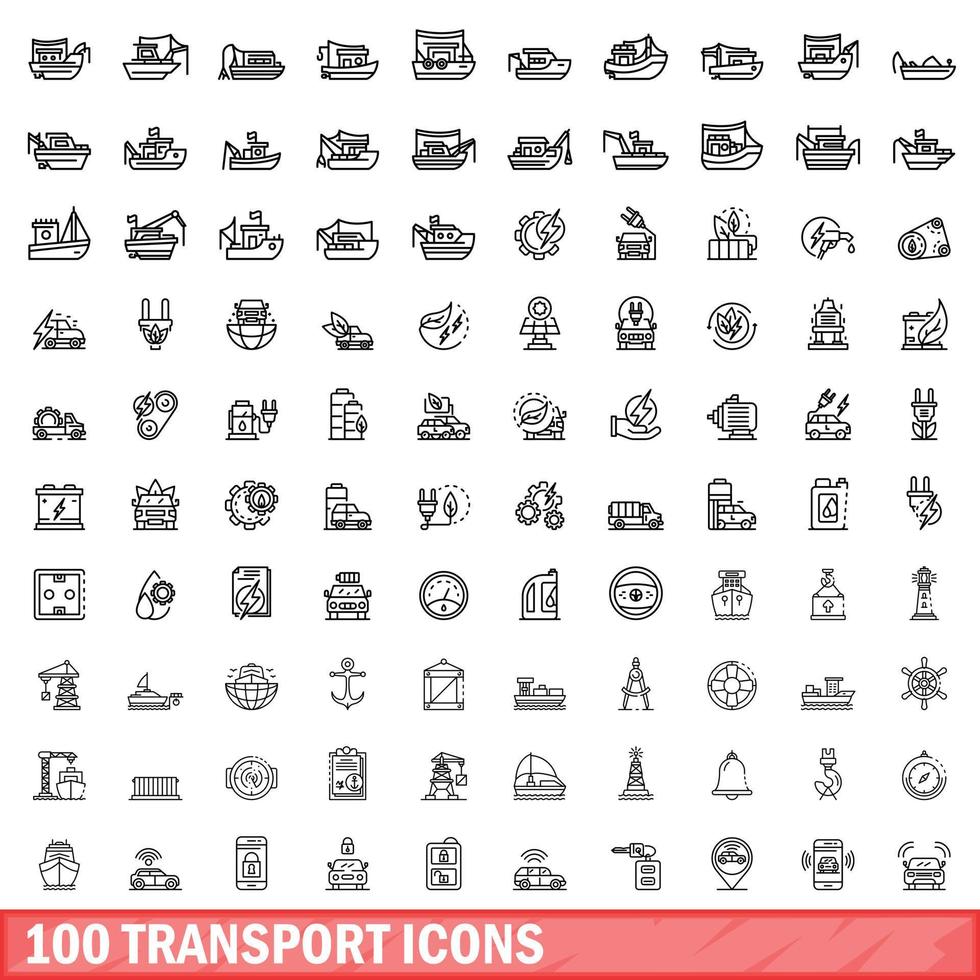 100 transport iconen set, Kaderstijl vector