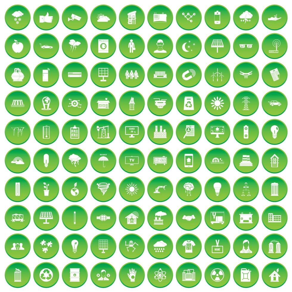 100 zonne-energie pictogrammen instellen groene cirkel vector