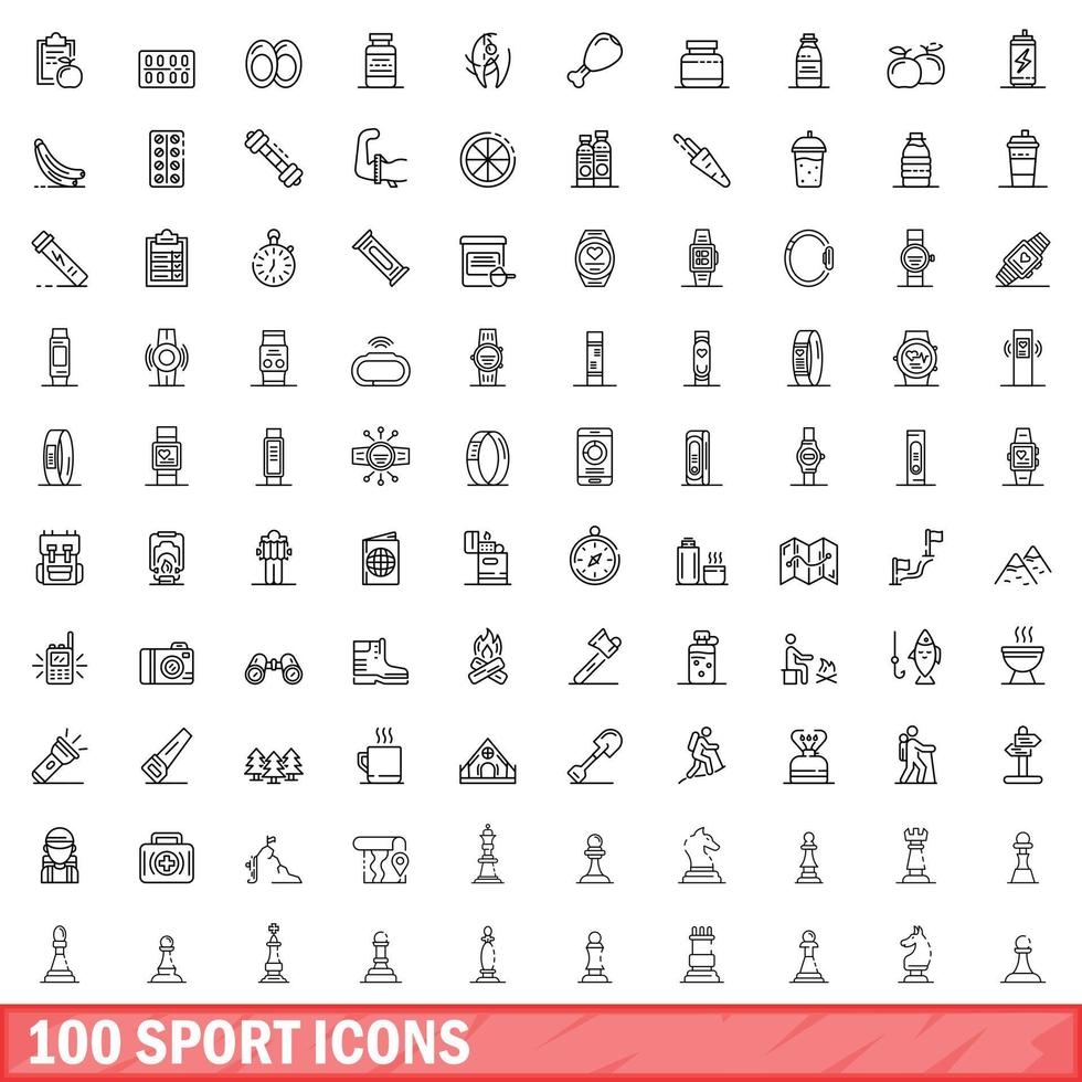 100 sport iconen set, Kaderstijl vector