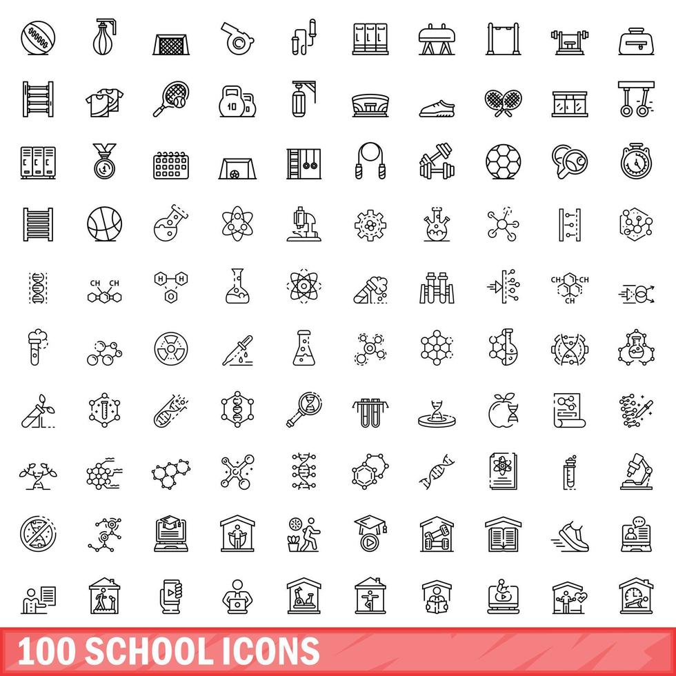 100 school iconen set, Kaderstijl vector