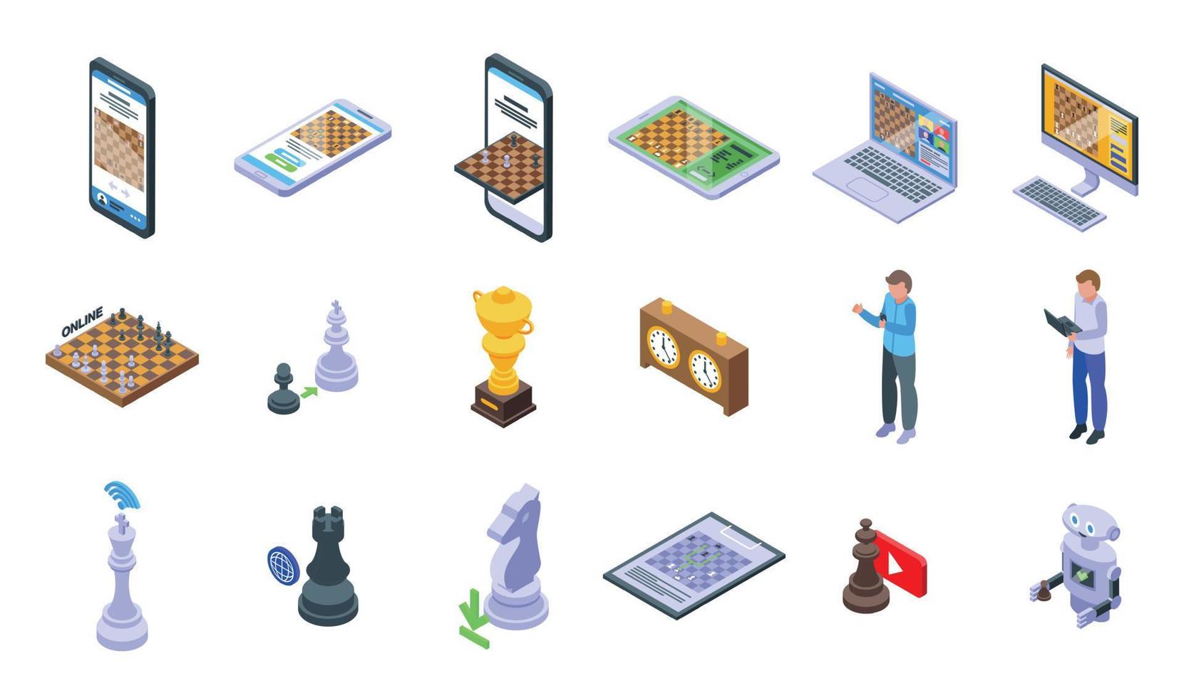 online schaakspel pictogrammen instellen isometrische vector. mensen toernooi vector