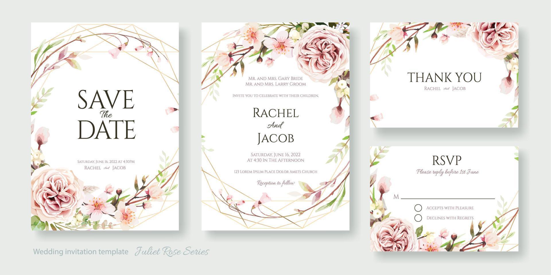 huwelijksuitnodiging, bewaar de datum, dank u, rsvp-kaartontwerpsjabloon. vector. Juliet Rose en kersenbloesem bloemen. vector