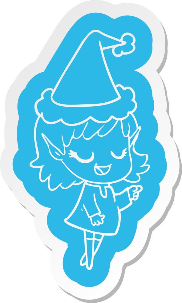 happy cartoon sticker van een elfmeisje dat wijst met een kerstmuts vector