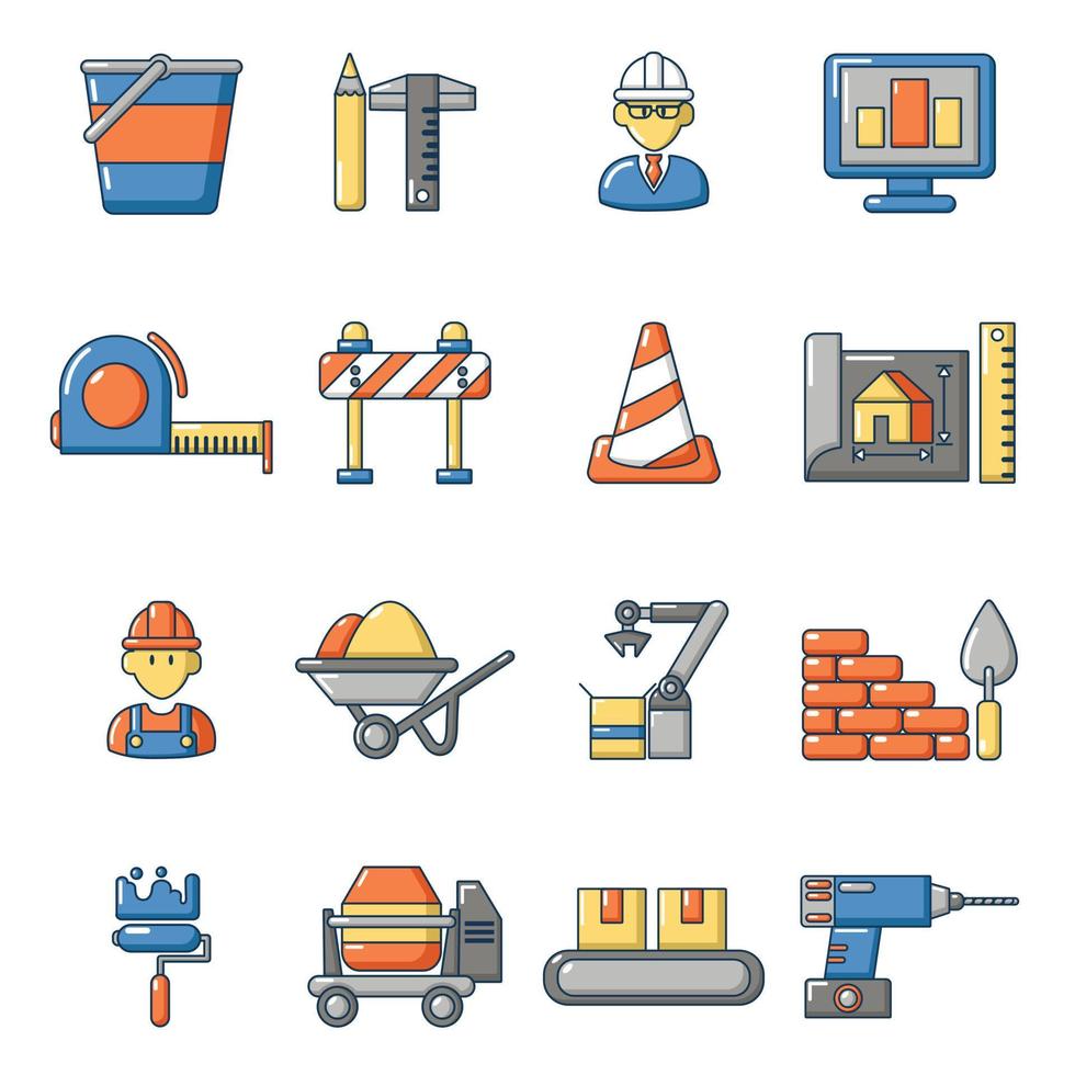 bouwproces iconen set, cartoon stijl vector