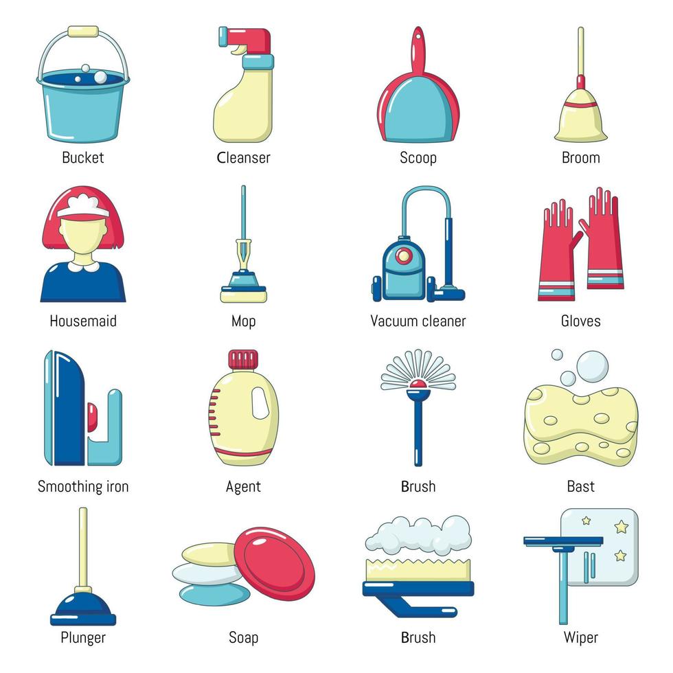 schoonmaak tools iconen set, cartoon stijl vector