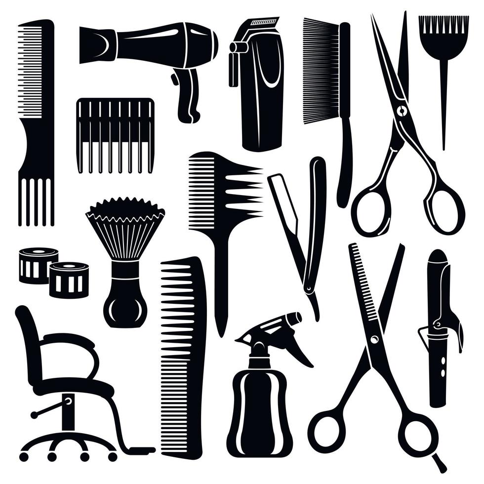kapper tools iconen set, eenvoudige stijl vector