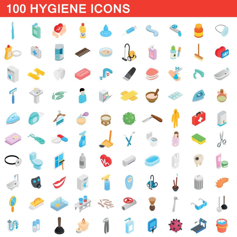 100 hygiëne iconen set, isometrische 3D-stijl vector