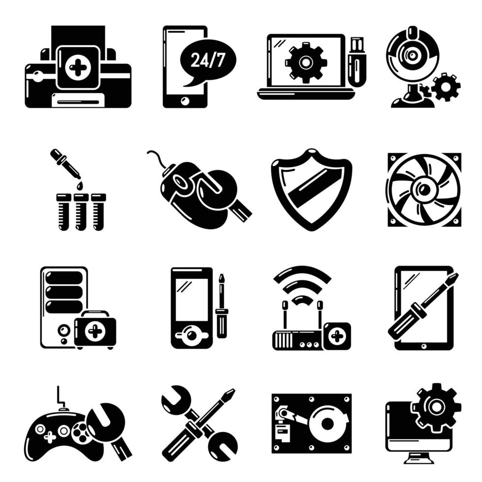 computer reparatie service iconen set, eenvoudige stijl vector