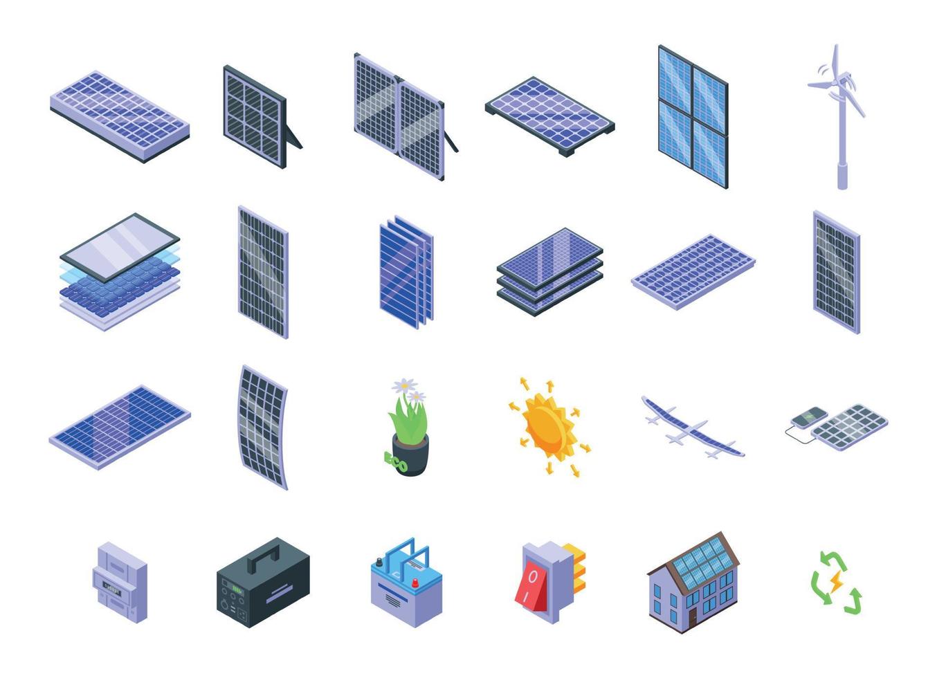 zonnepanelen pictogrammen instellen isometrische vector. zonne-omvormer vector