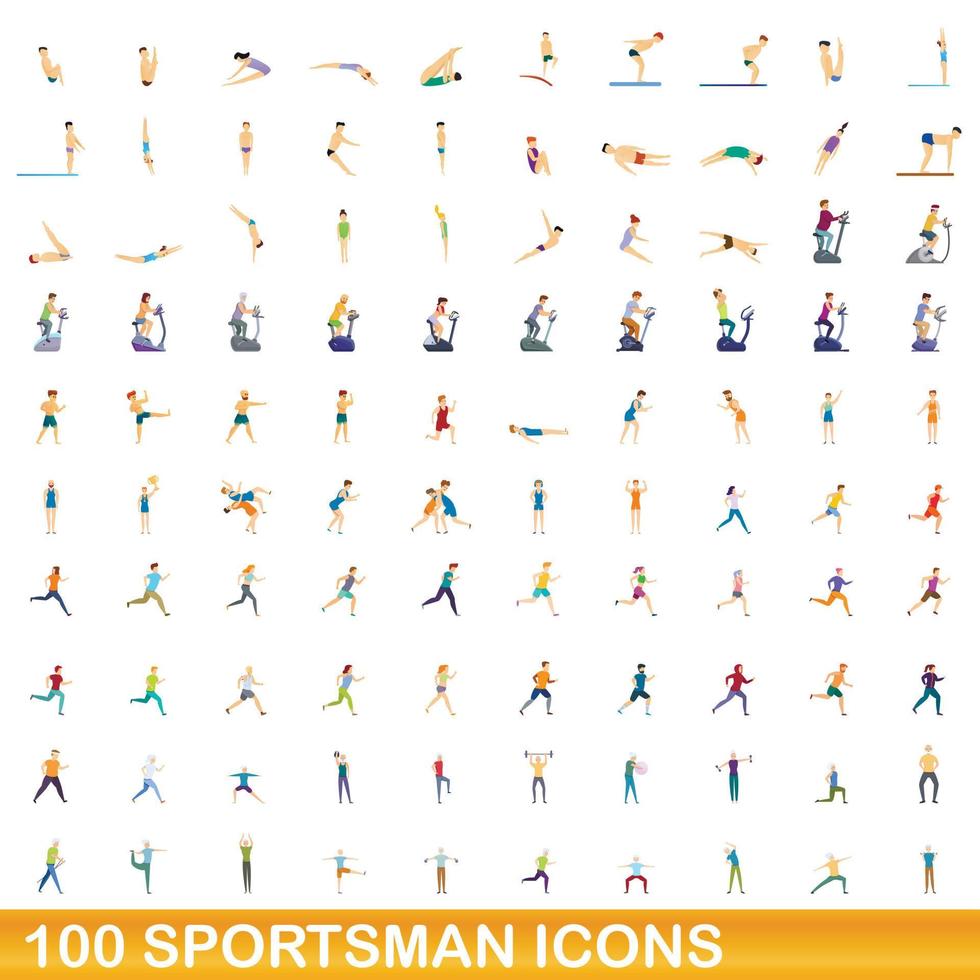 100 sportman iconen set, cartoon stijl vector