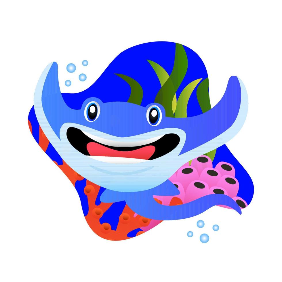 een pijlstaartrog met een grappig en vrolijk gezicht, met een felblauwe kleur, met een onderwaterachtergrond, koraal, goed voor kinderverhalenboekillustraties, onderwijs, stickers, zee en meer vector