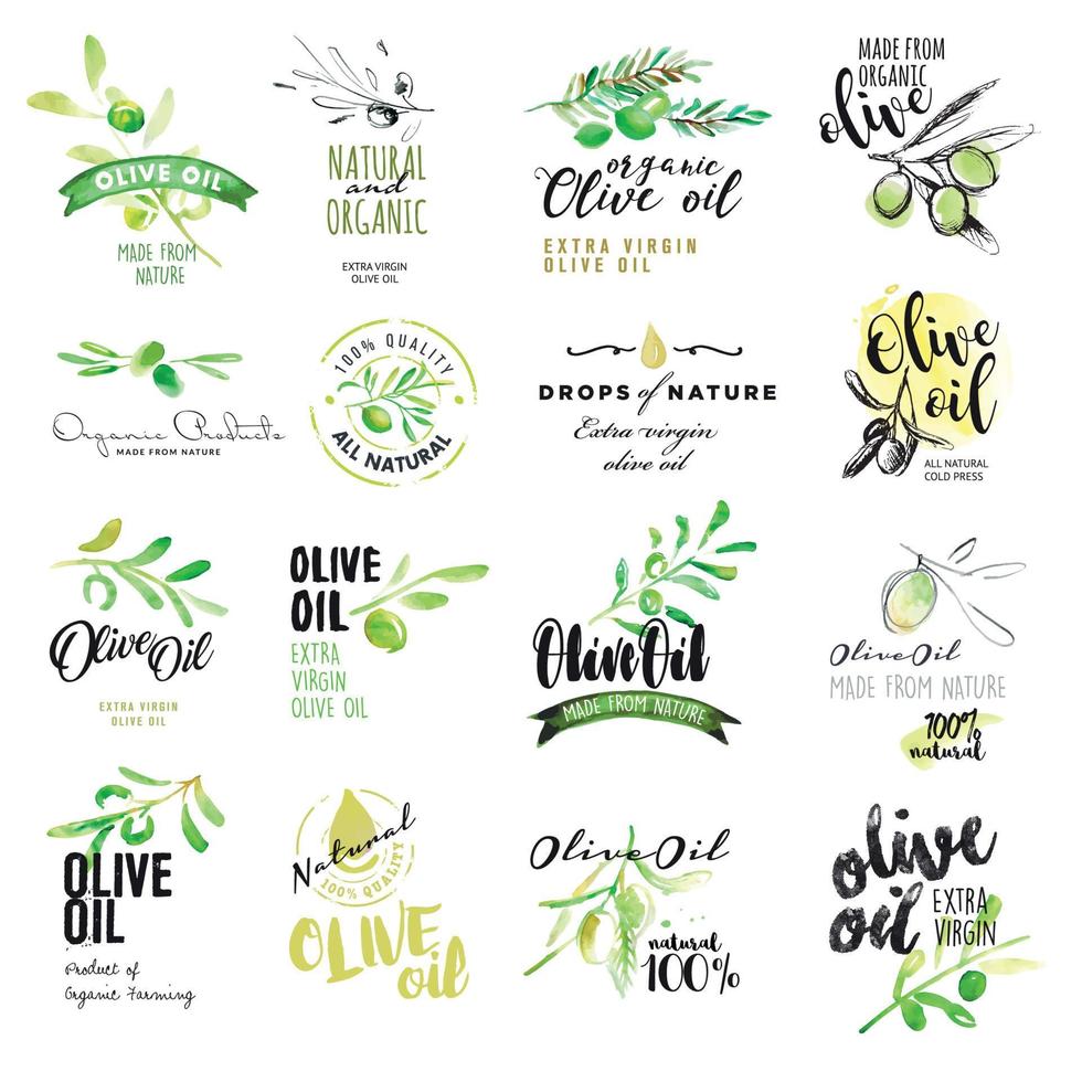 set handgetekende aquarel etiketten en elementen van olijfolie. vectorillustraties voor olijfolie-etiketten, verpakkingsontwerp, natuurlijke producten, restaurant. vector