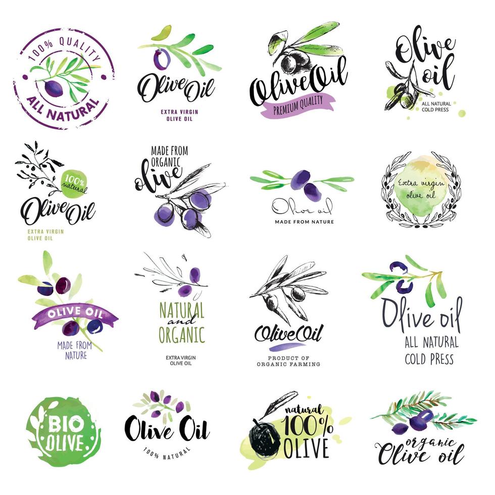 set handgetekende aquarel etiketten en stickers van olijfolie. vectorillustraties voor olijfolie-etiketten, verpakkingsontwerp, natuurlijke producten, restaurant. vector