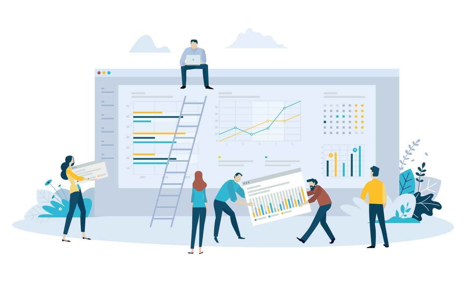 vector illustratie concept van business management software, statistieken, trends en productiviteit, app-ontwikkeling, data-analyse.