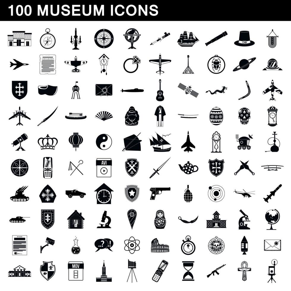 100 museum iconen set, eenvoudige stijl vector