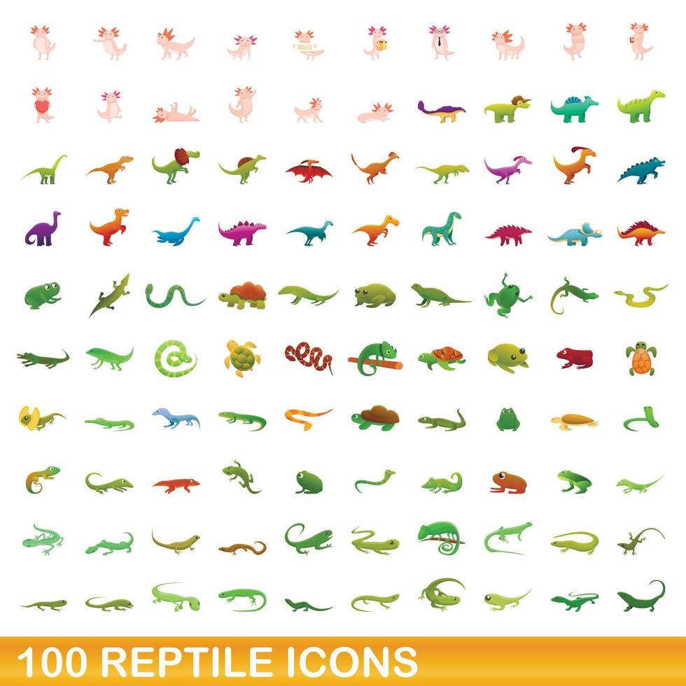 100 reptielen iconen set, cartoon stijl vector