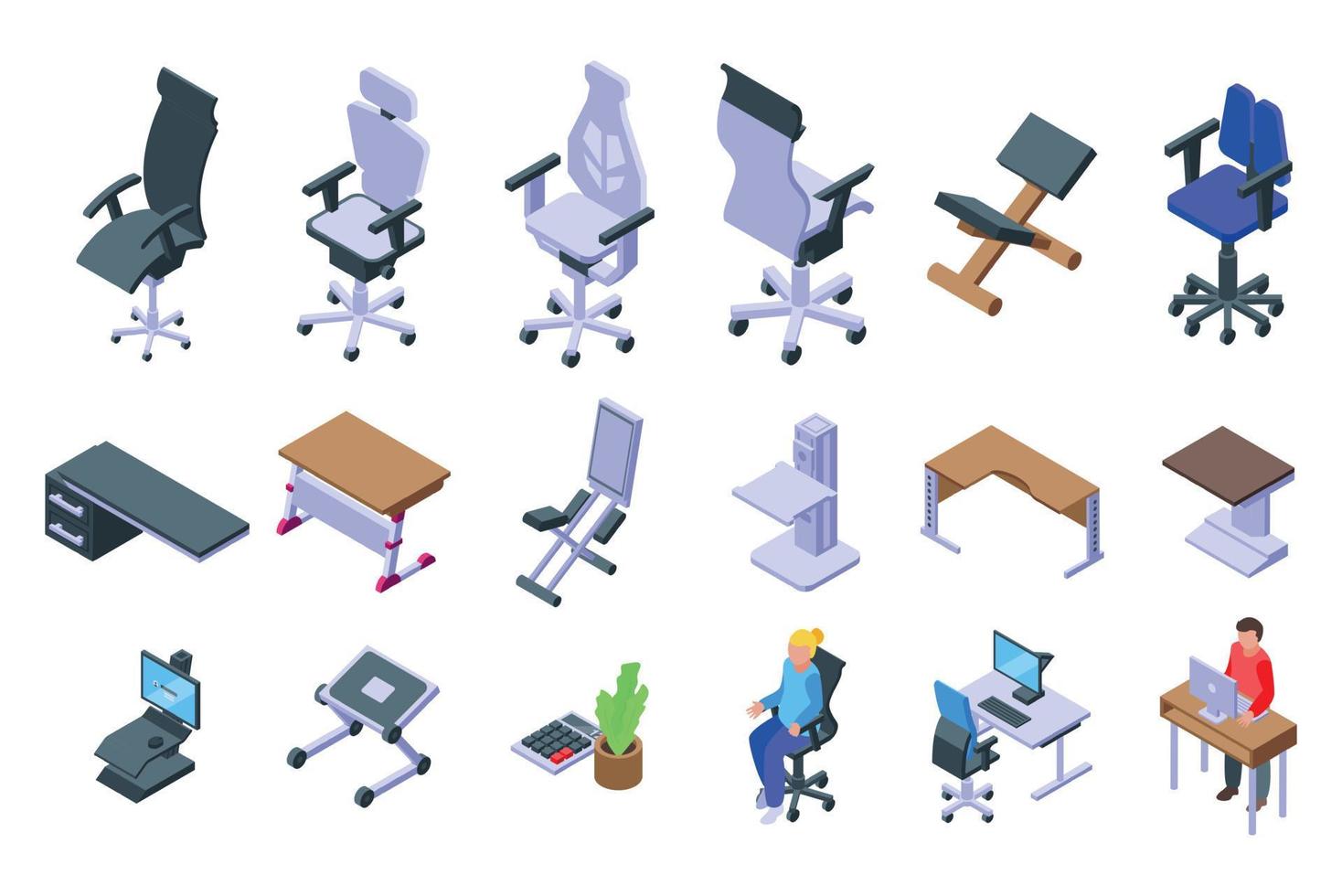 ergonomische werkplek iconen set, isometrische stijl vector