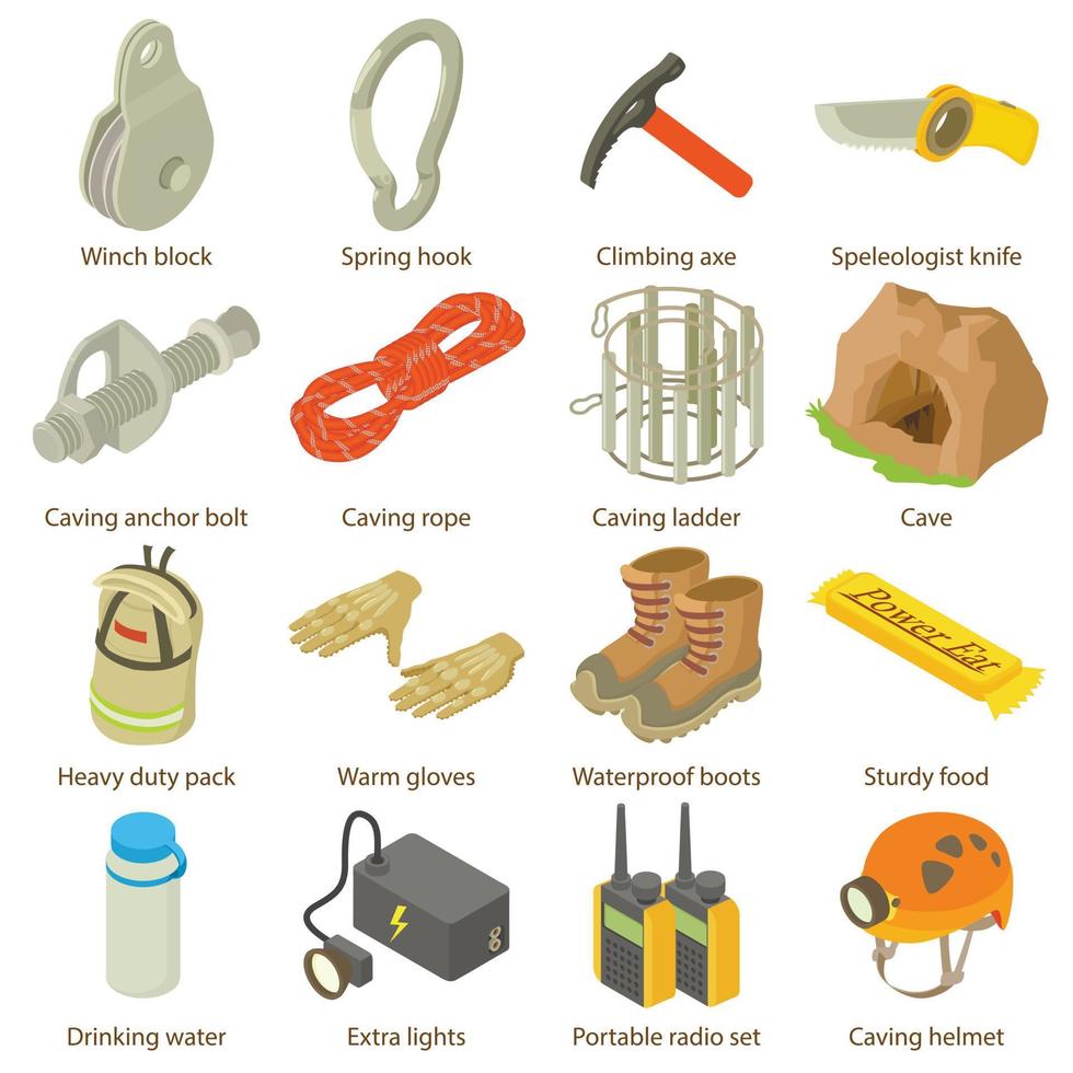 speleoloog iconen set, isometrische stijl vector