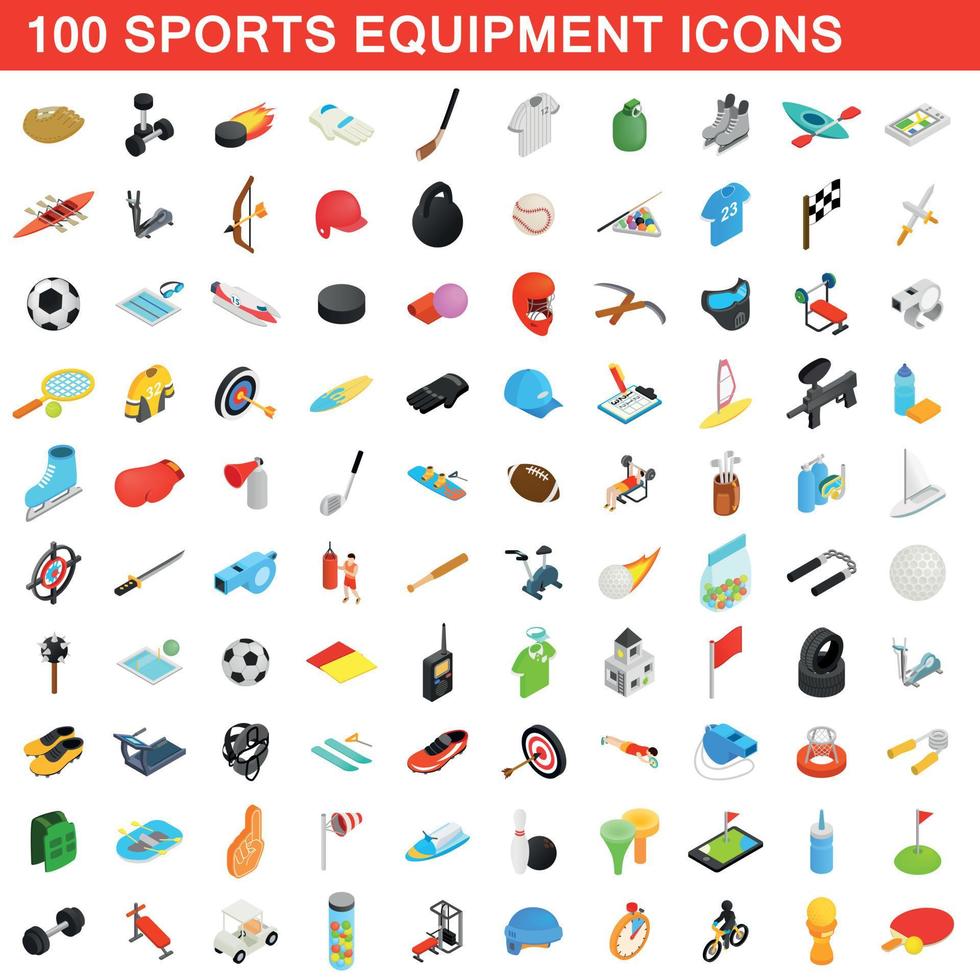 100 sportuitrusting iconen set, isometrische 3D-stijl vector