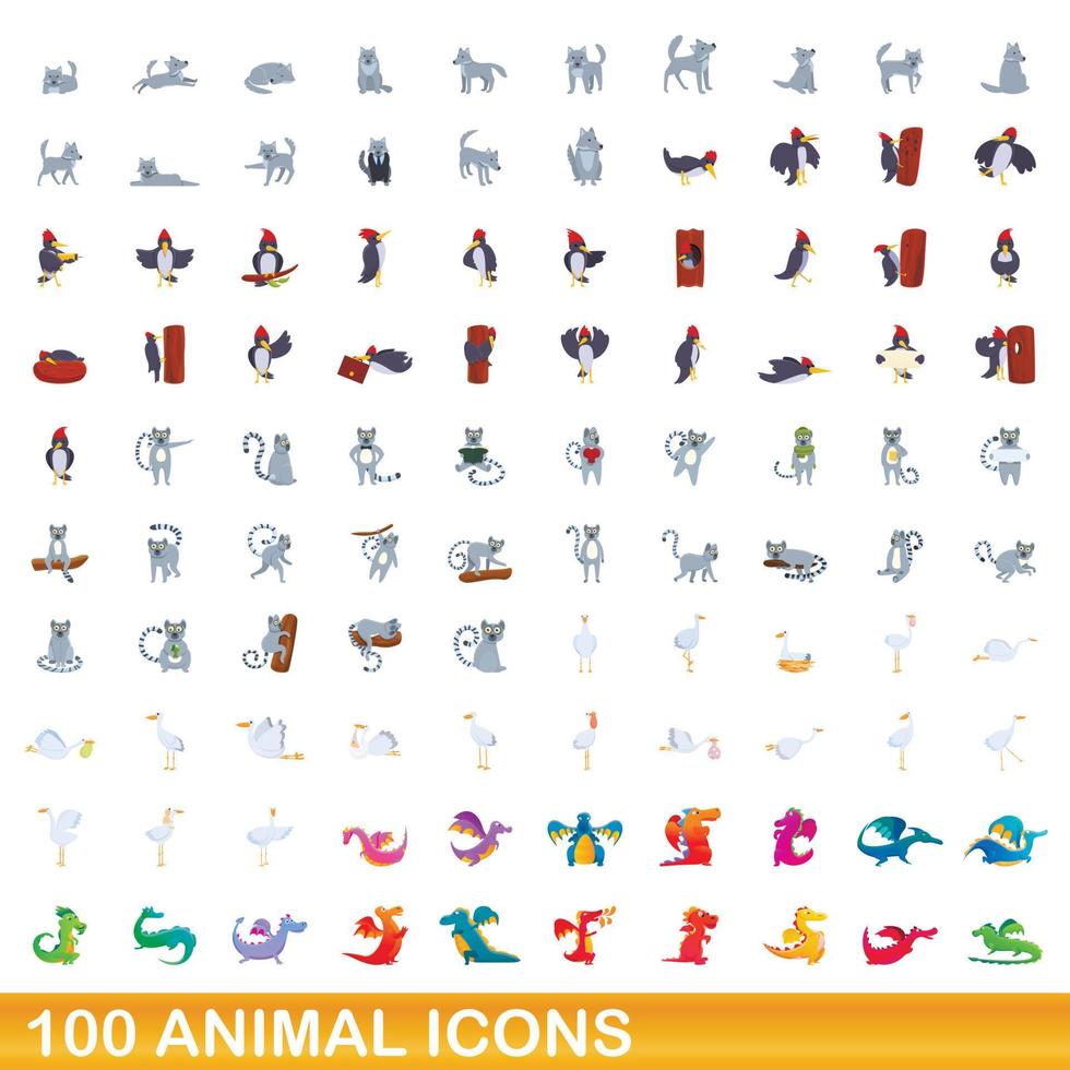 100 dieren iconen set, cartoon stijl vector