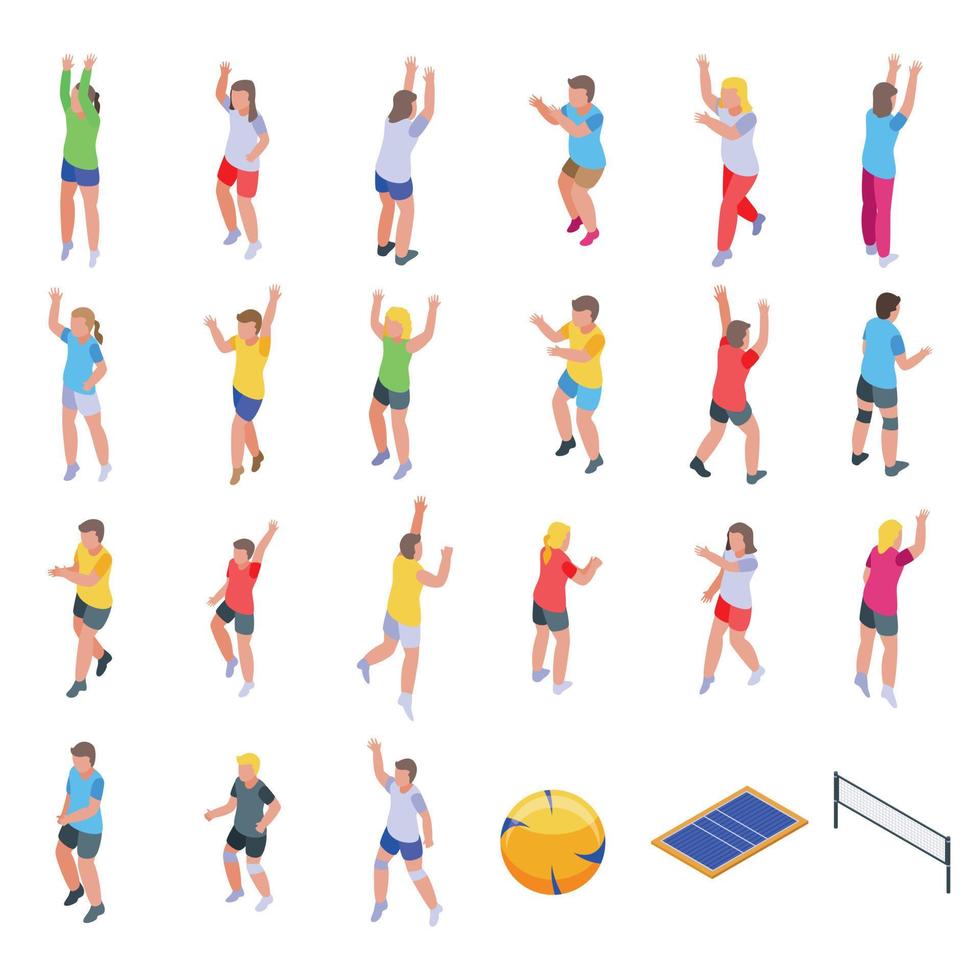 kinderen spelen volleybal iconen set, isometrische stijl vector