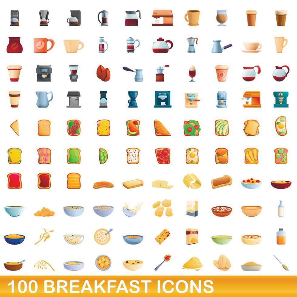 100 ontbijt iconen set, cartoon stijl vector