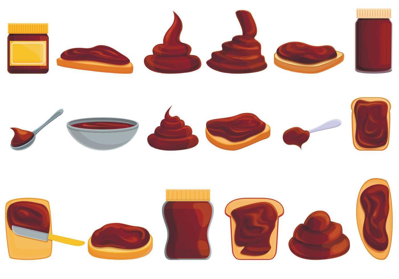 chocoladepasta iconen set, cartoon stijl vector