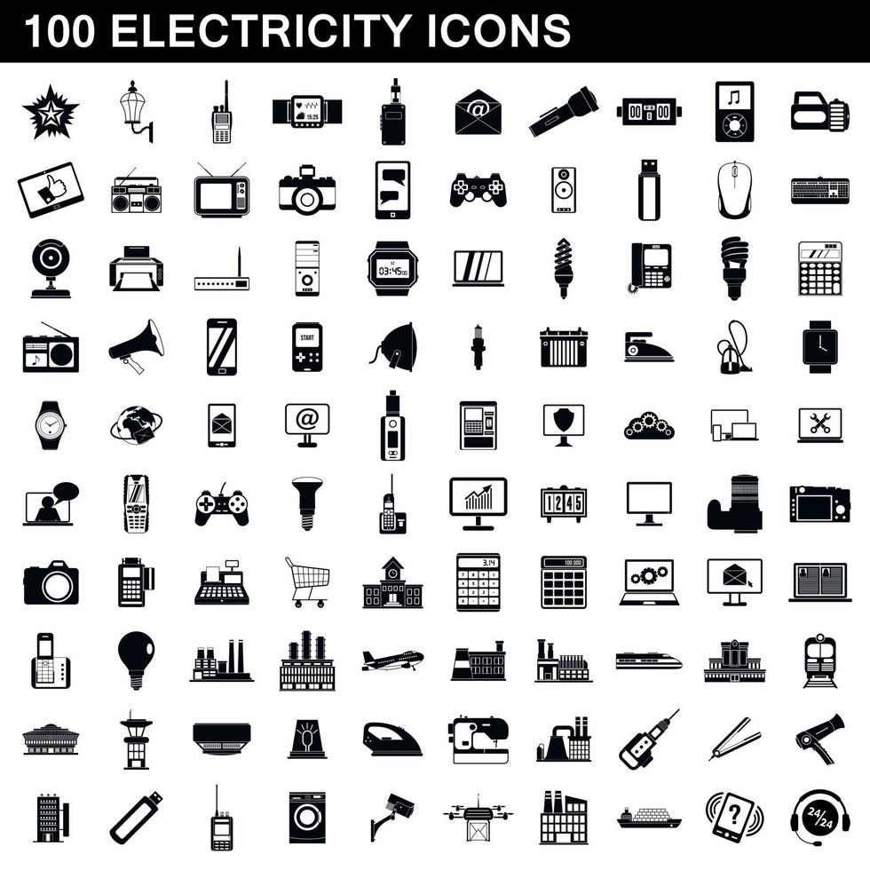 100 elektriciteit iconen set, eenvoudige stijl vector