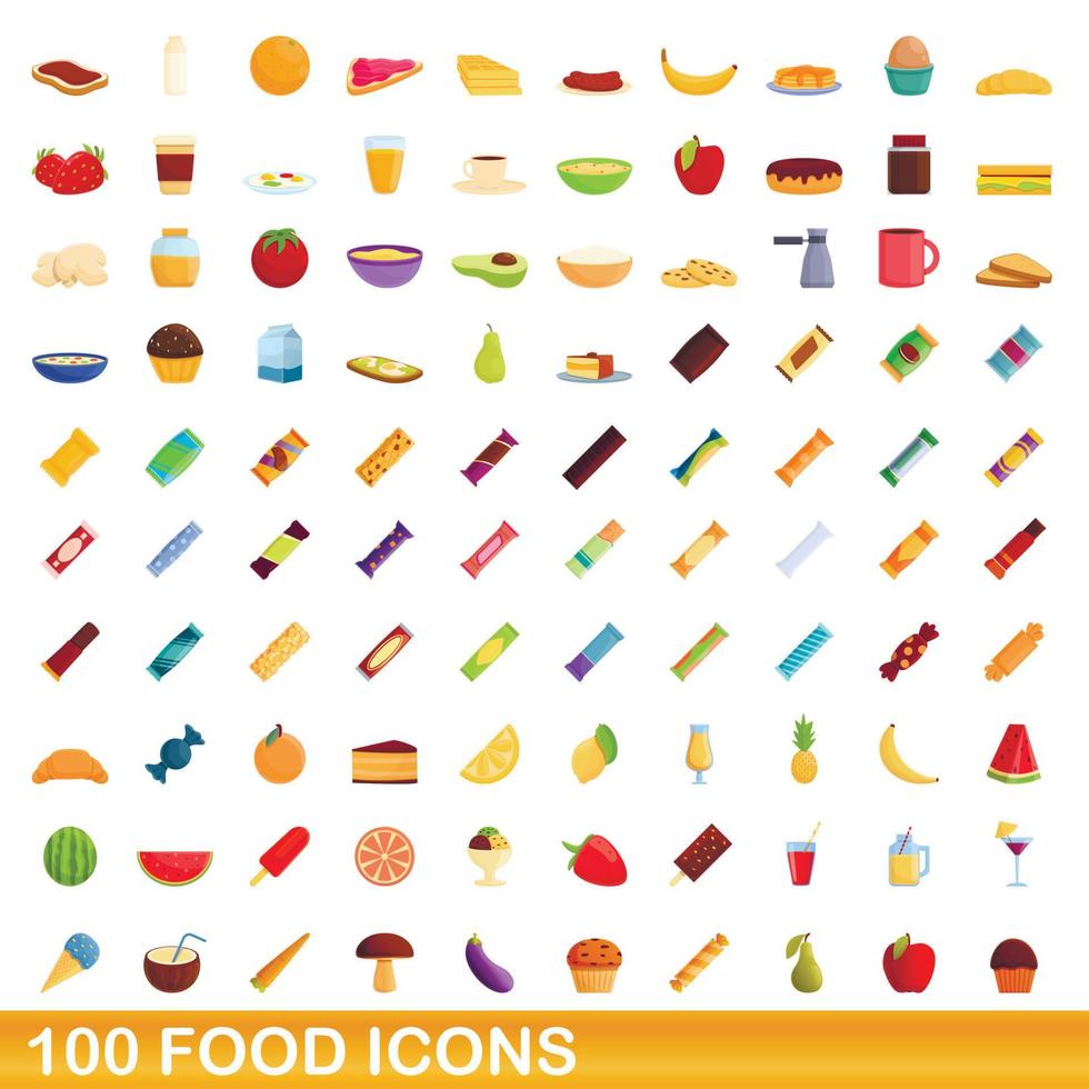 100 voedsel iconen set, cartoon stijl vector