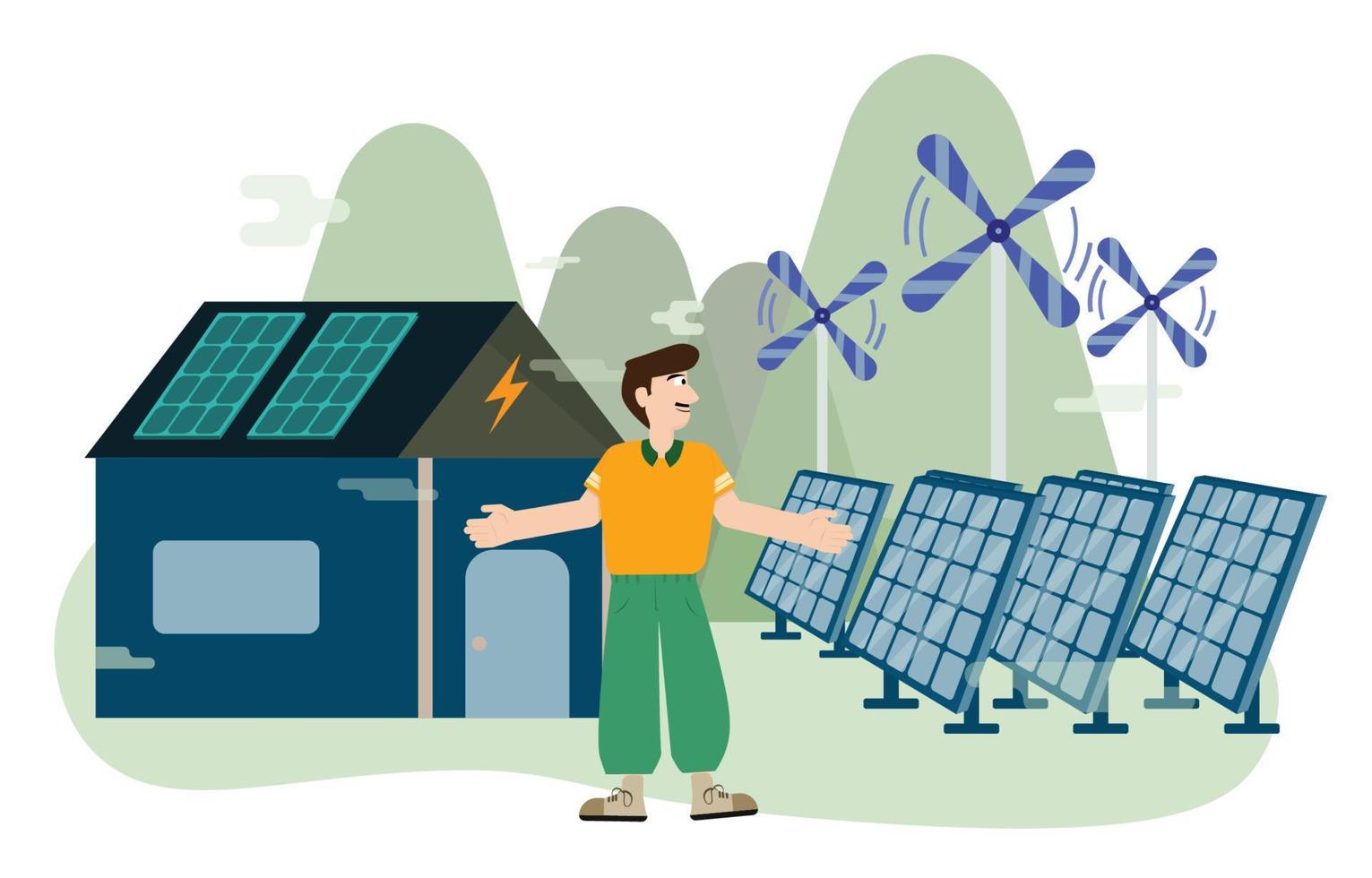 vector man en zonnepanelen en windturbines om elektriciteit op te wekken. schone energieconcept. huis met hernieuwbare energie en natuurlijke hulpbronnen. milieubescherming illustratie.