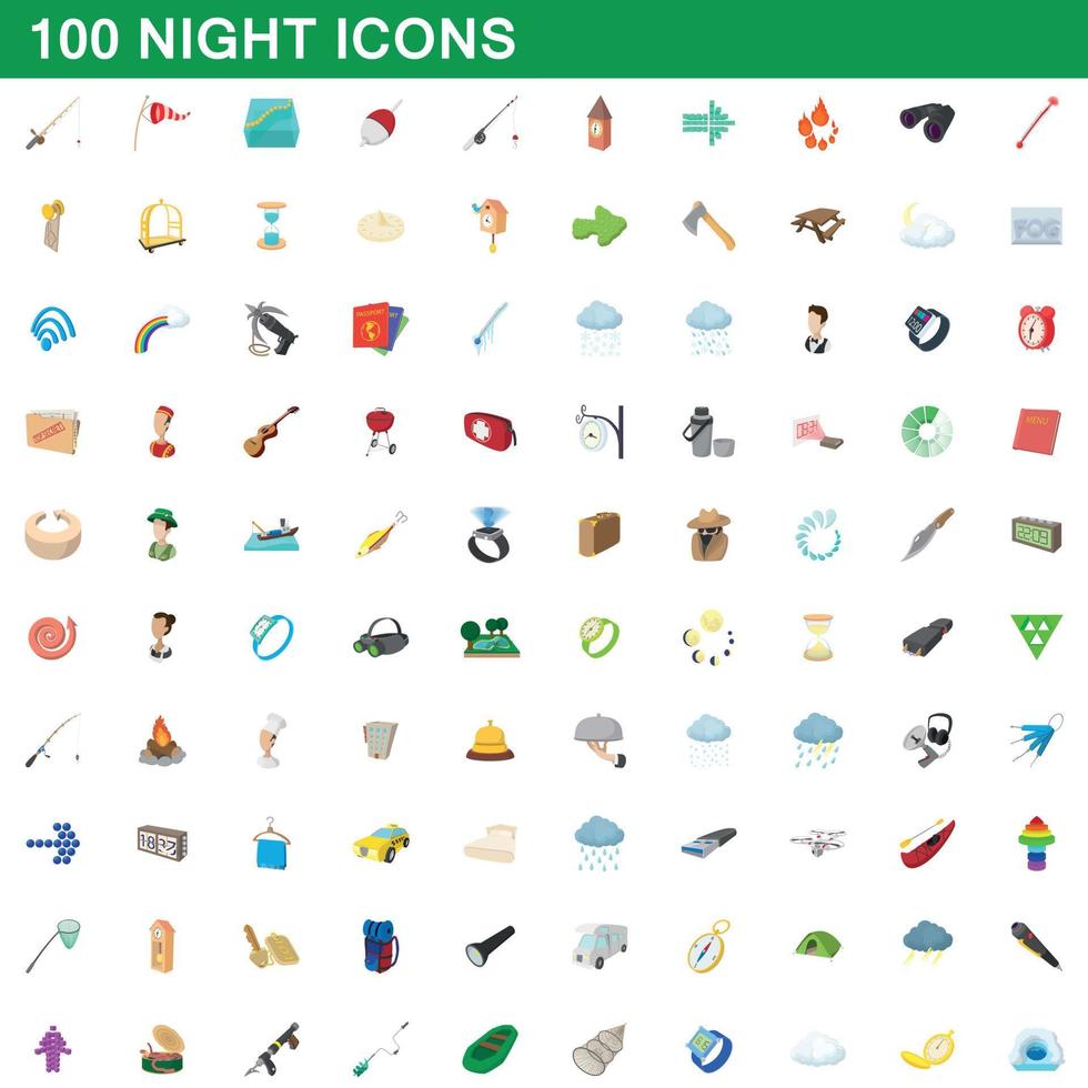 100 nacht iconen set, cartoon stijl vector