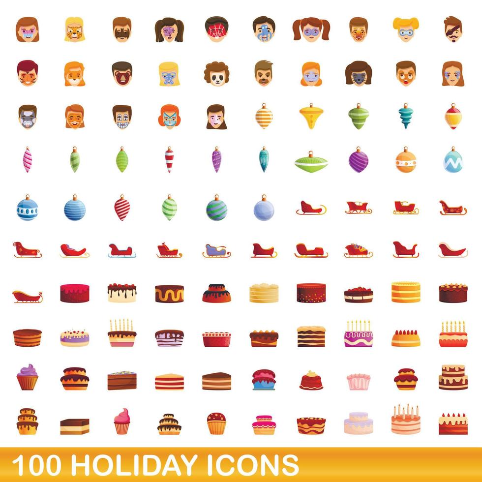 100 vakantie iconen set, cartoon stijl vector