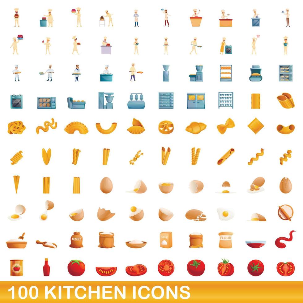 100 keuken iconen set, cartoon stijl vector