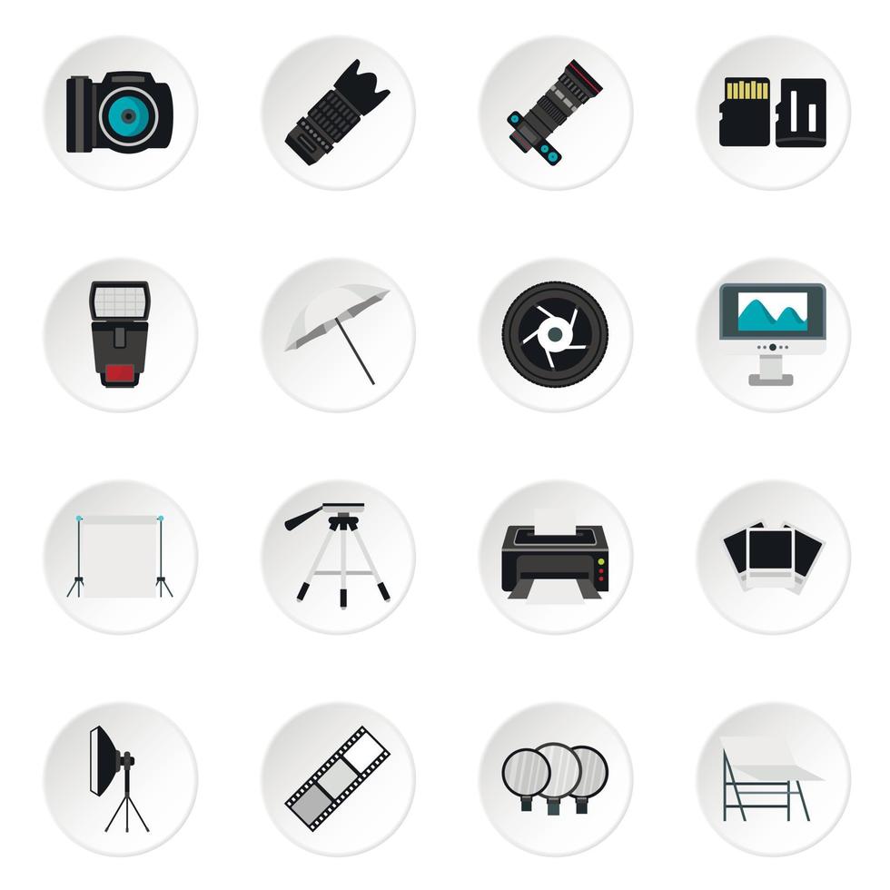 fotostudio apparatuur iconen set, vlakke stijl vector