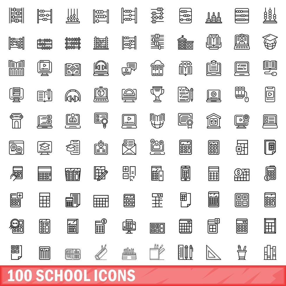 100 school iconen set, Kaderstijl vector