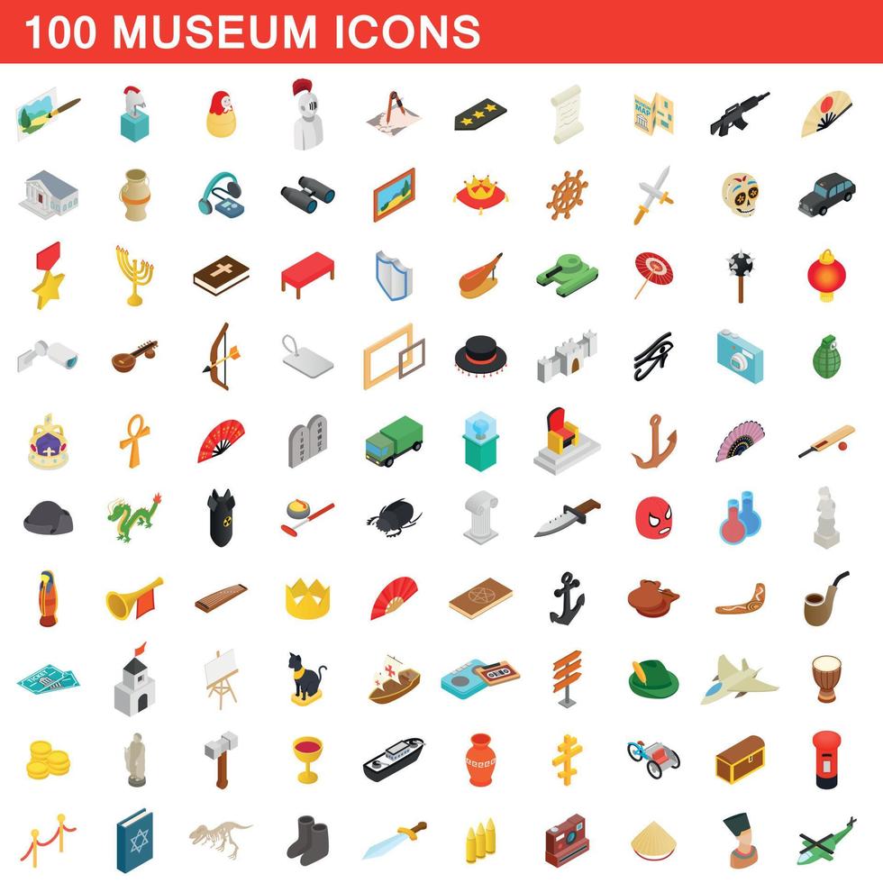 100 museum iconen set, isometrische 3D-stijl vector